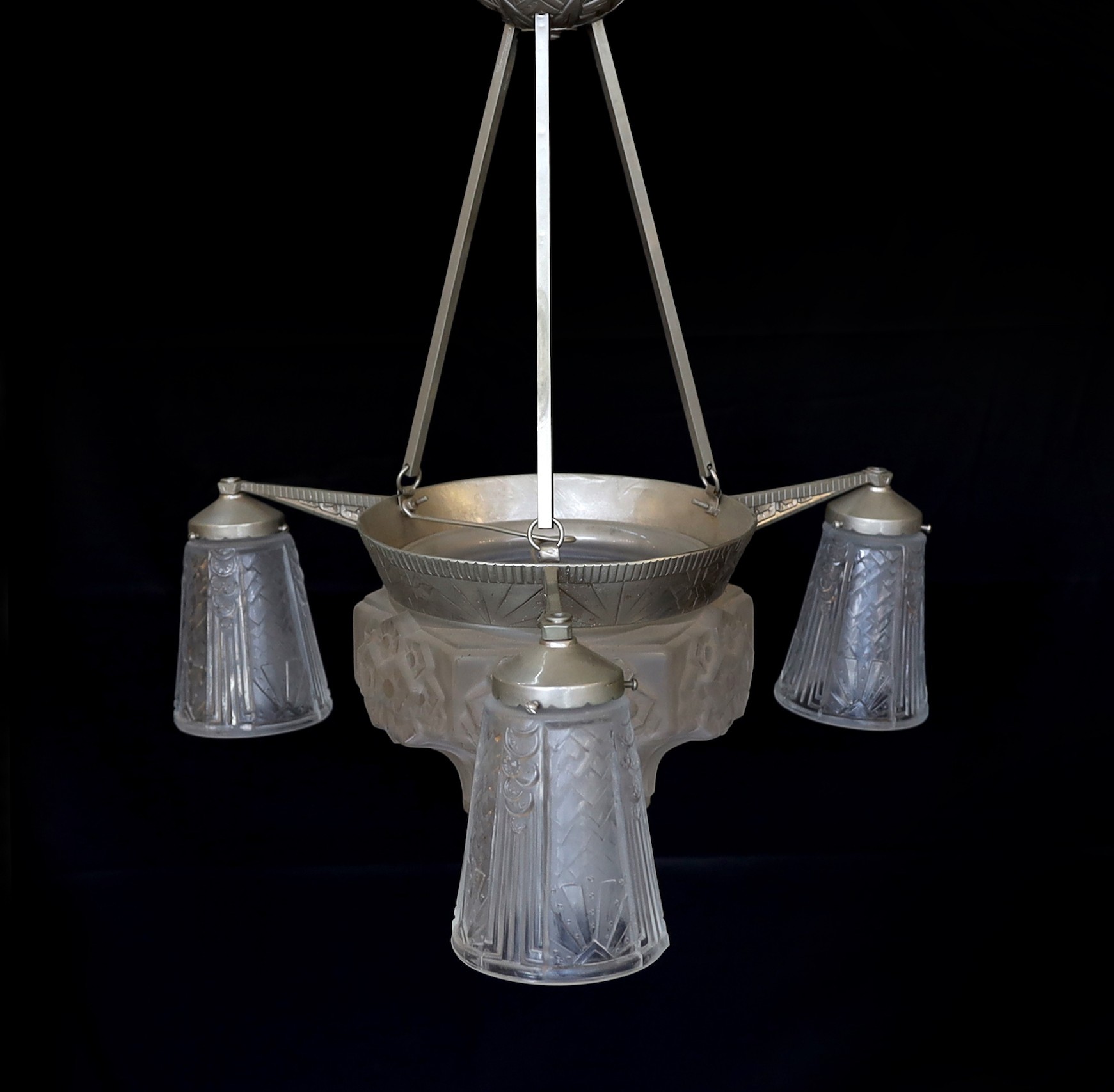 A French Art Deco silvered metal and frosted glass light fitting signed Muller, height 60cm. width 58cm